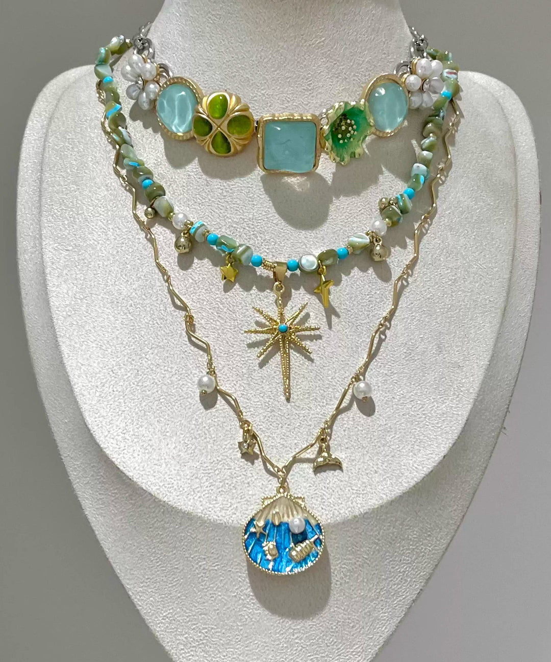 Stylish Blue Copper Overgild Zircon Turquoise Pearl Shell Three-Piece Set Pendant Necklace