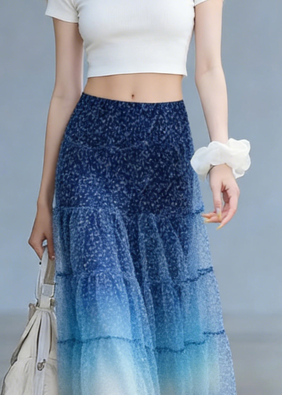 Stylish Blue Elastic Waist Patchwork Tulle Skirts Summer
