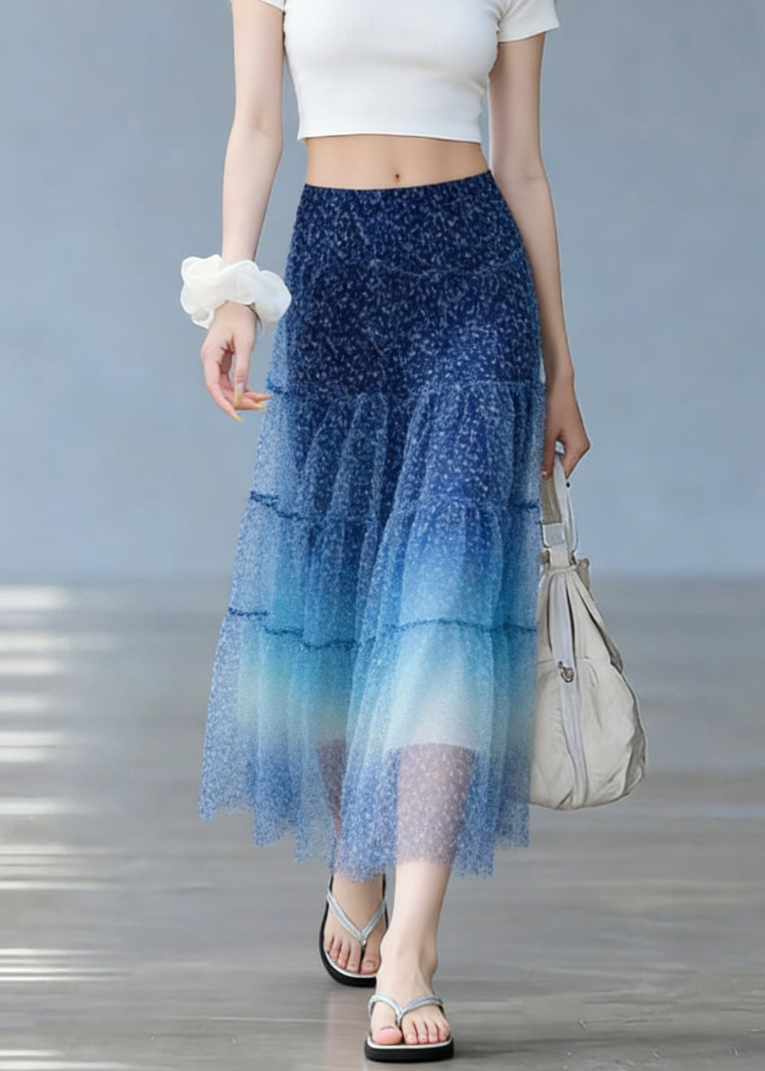 Stylish Blue Elastic Waist Patchwork Tulle Skirts Summer