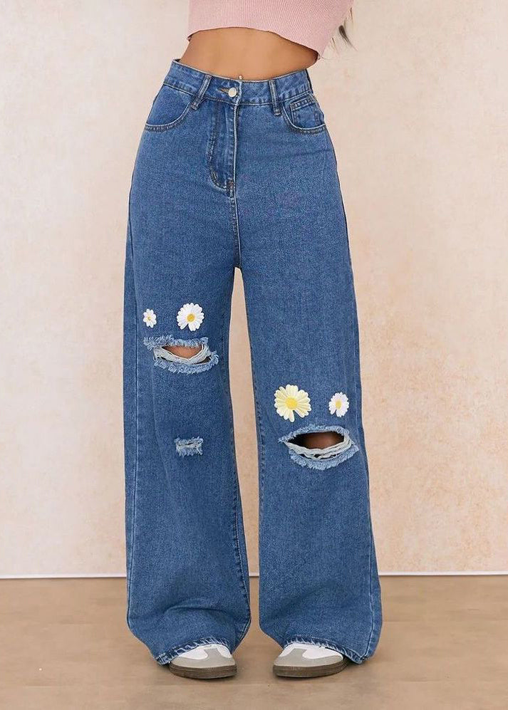 Stylish Blue Embroidered Floral Pockets Straight Ripped Jeans Fall