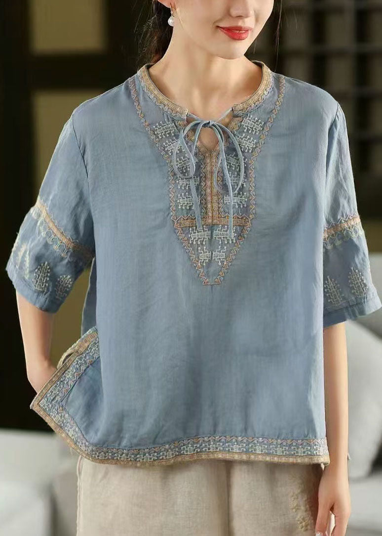 Stylish Blue Embroidered Side Open Linen Top Half Sleeve