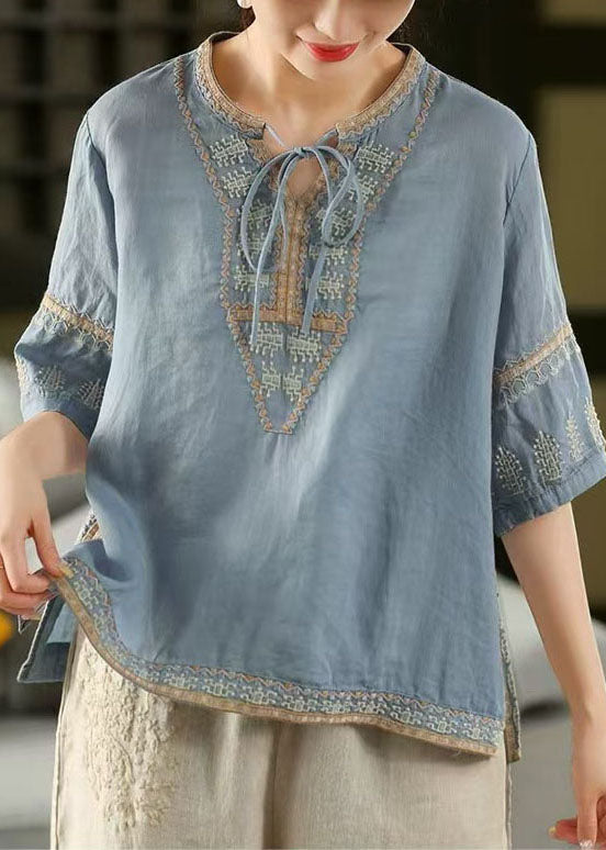 Stylish Blue Embroidered Side Open Linen Top Half Sleeve