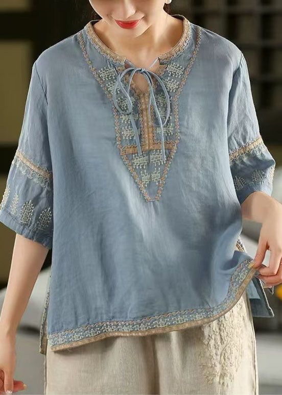 Stylish Blue Embroidered Side Open Linen Top Half Sleeve