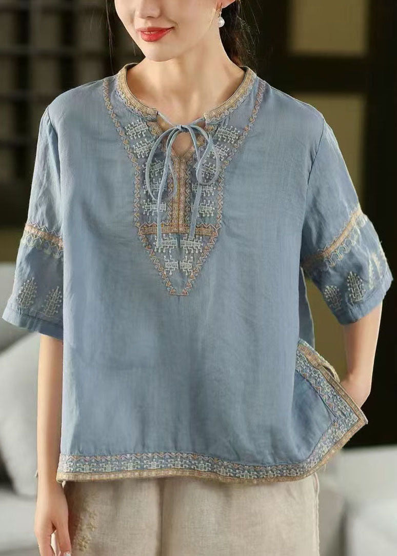 Stylish Blue Embroidered Side Open Linen Top Half Sleeve