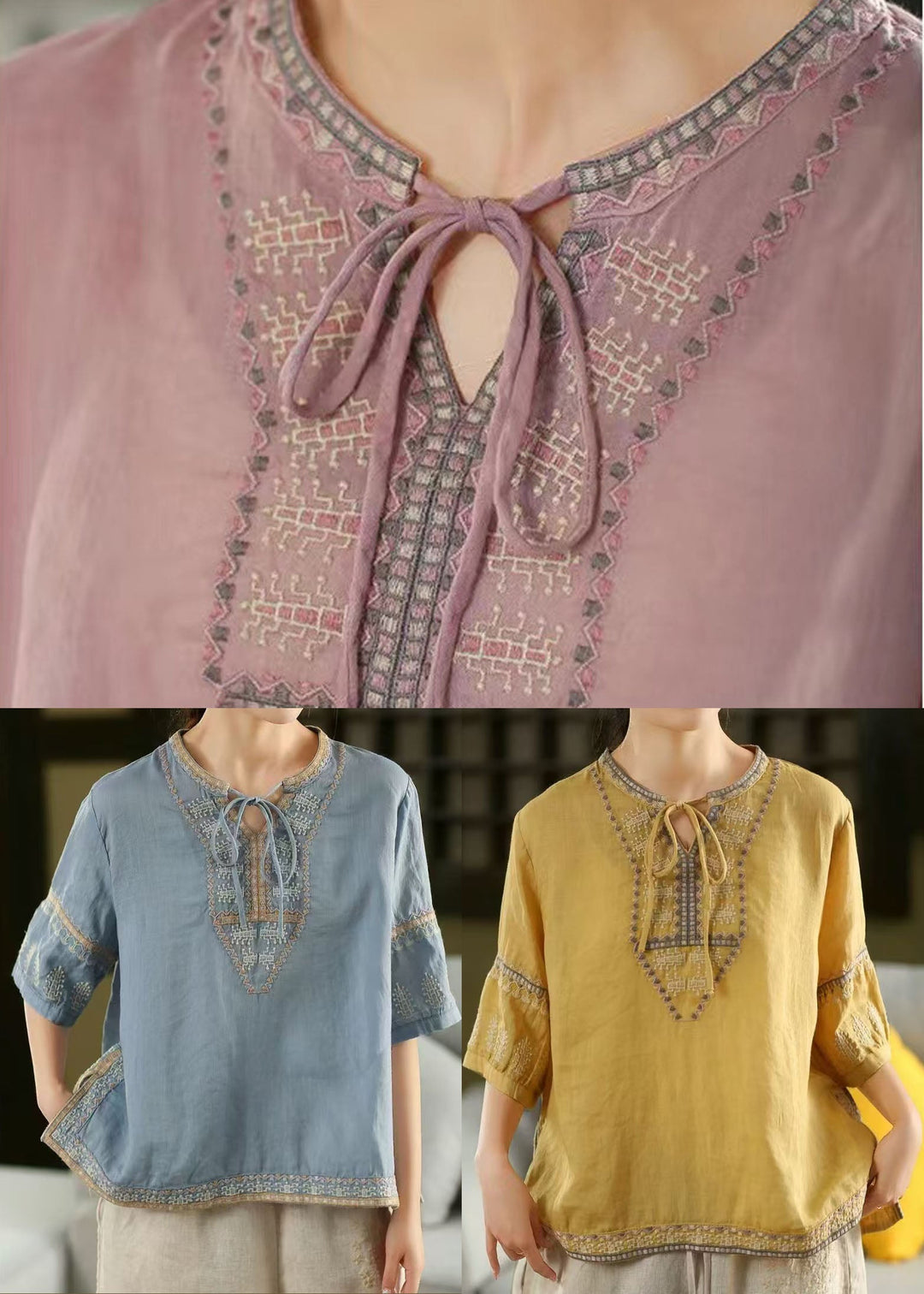 Stylish Blue Embroidered Side Open Linen Top Half Sleeve