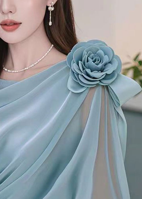 Stylish Blue Floral Wrinkled Chiffon Shirt Fall