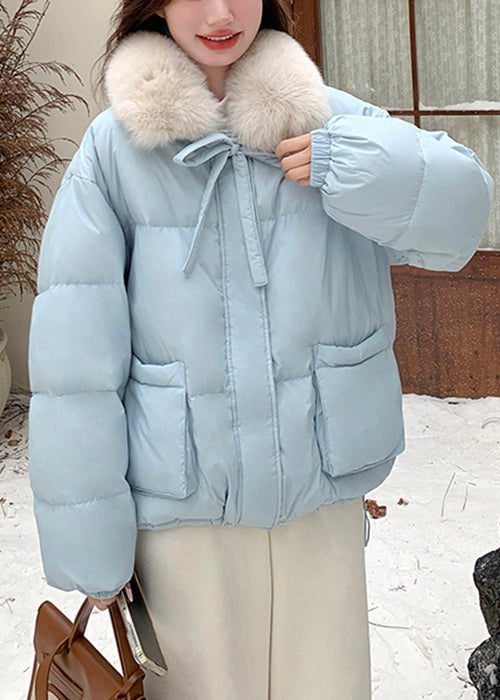 Stylish Blue Fur Collar Pockets Patchwork Duck Down Puffer Coat Winter