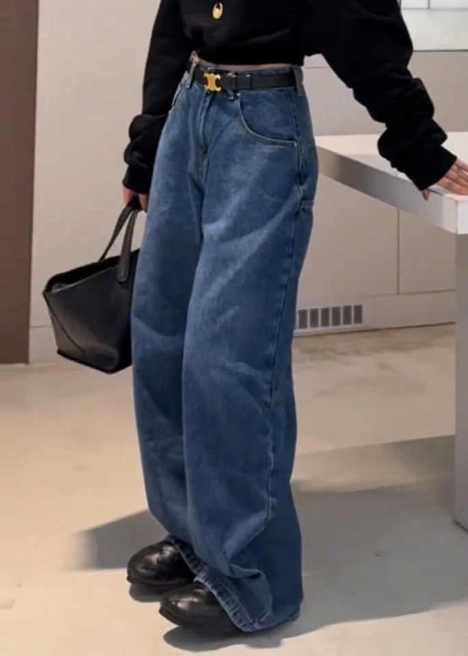 Stylish Blue High Waist Patchwork Pocket Denim Pants Spring