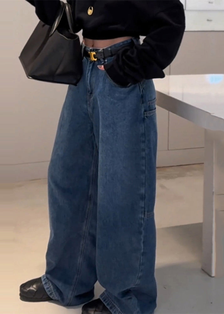 Stylish Blue High Waist Patchwork Pocket Denim Pants Spring