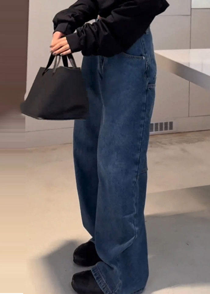 Stylish Blue High Waist Patchwork Pocket Denim Pants Spring