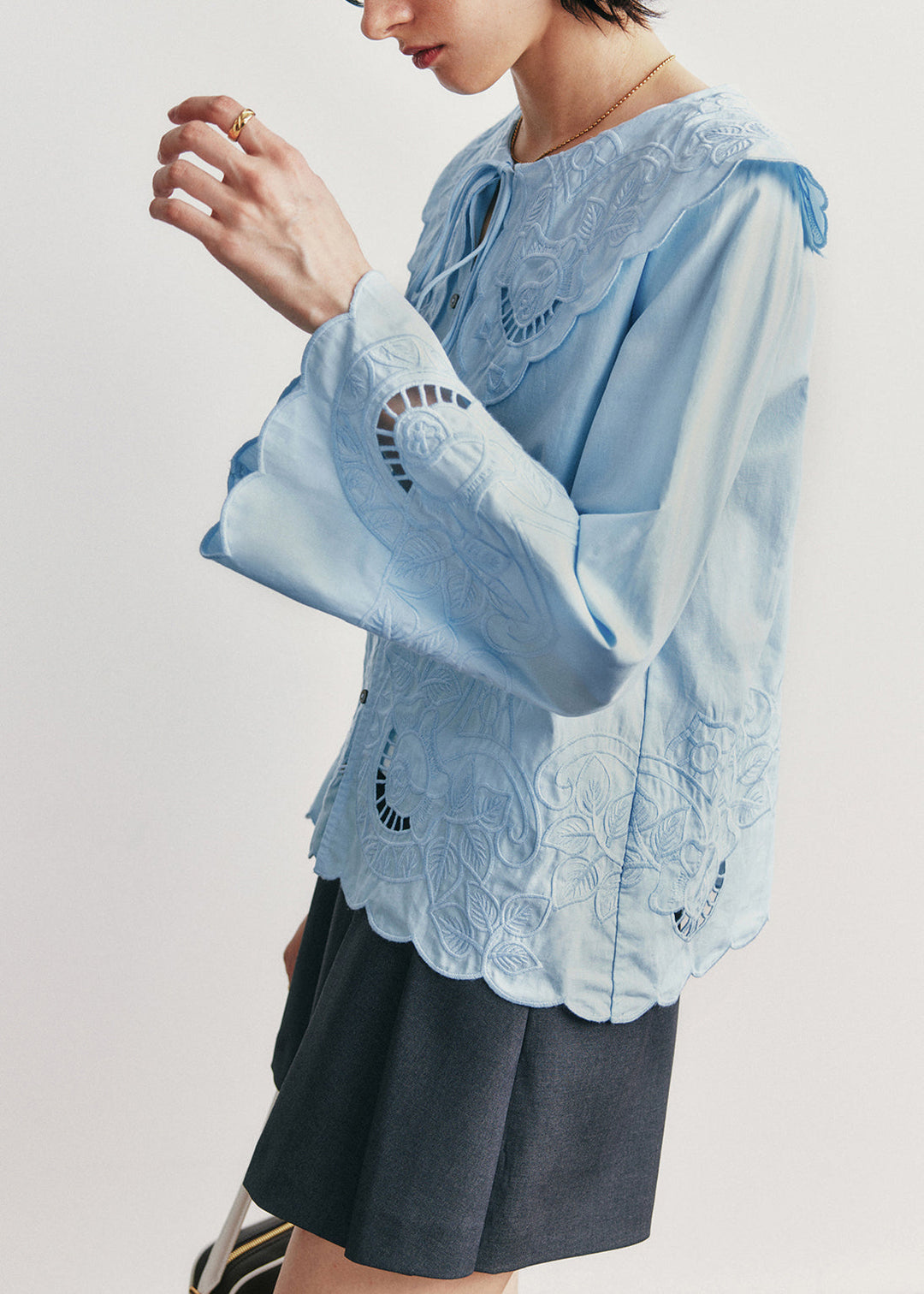 Stylish Blue Hollow Out Embroidered Cotton Blouse Tops Fall