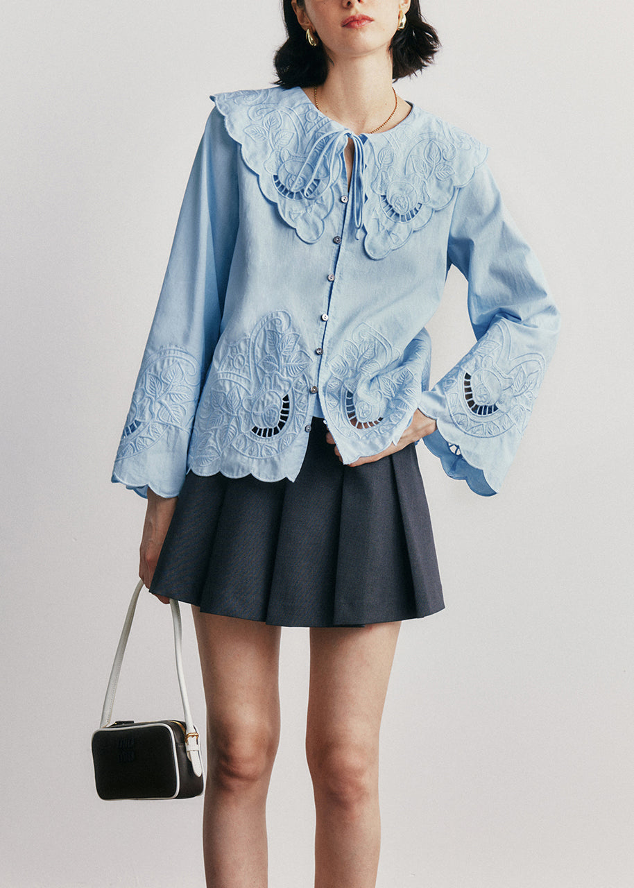 Stylish Blue Hollow Out Embroidered Cotton Blouse Tops Fall