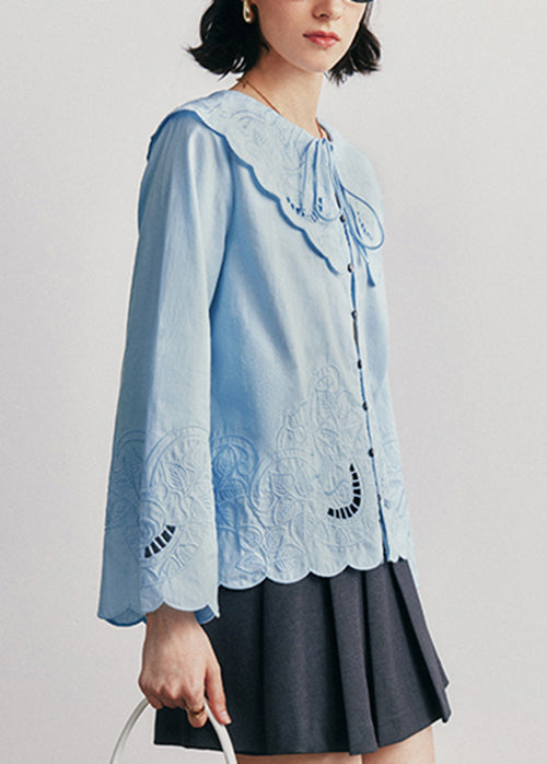 Stylish Blue Hollow Out Embroidered Cotton Blouse Tops Fall
