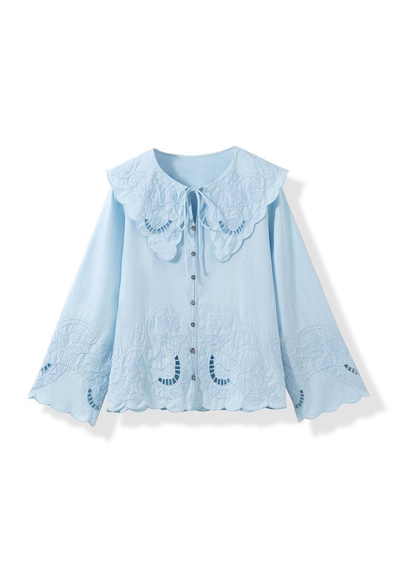 Stylish Blue Hollow Out Embroidered Cotton Blouse Tops Fall