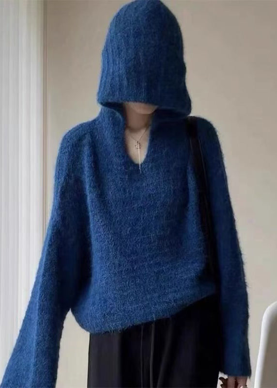 Stylish Blue Hooded Oversized Knit Pullover Winter