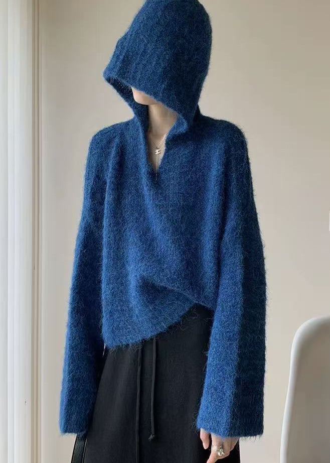 Stylish Blue Hooded Oversized Knit Pullover Winter