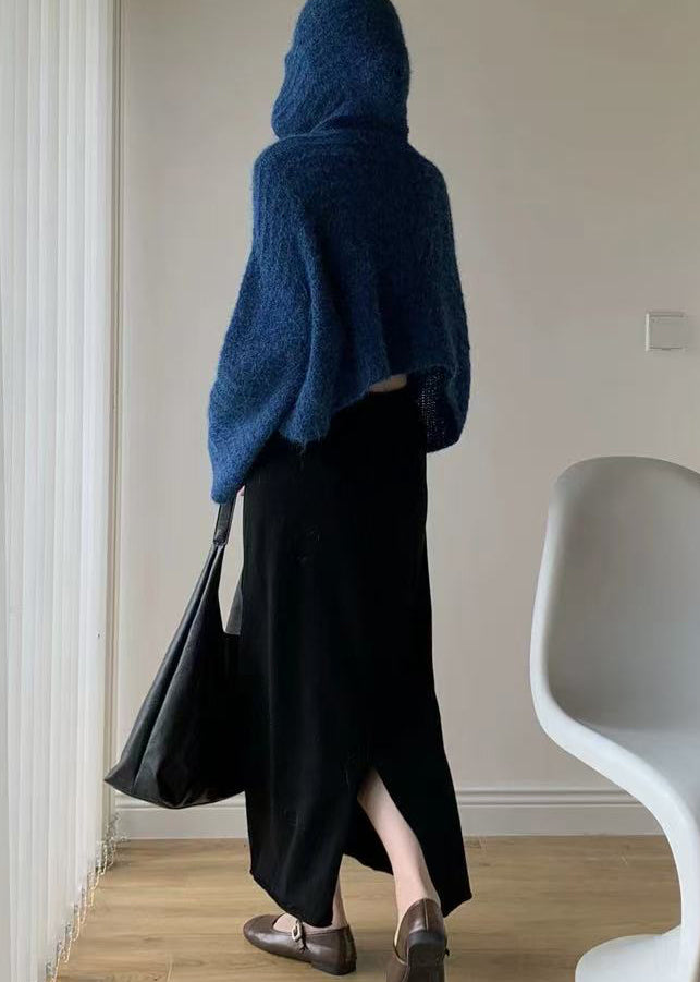 Stylish Blue Hooded Oversized Knit Pullover Winter