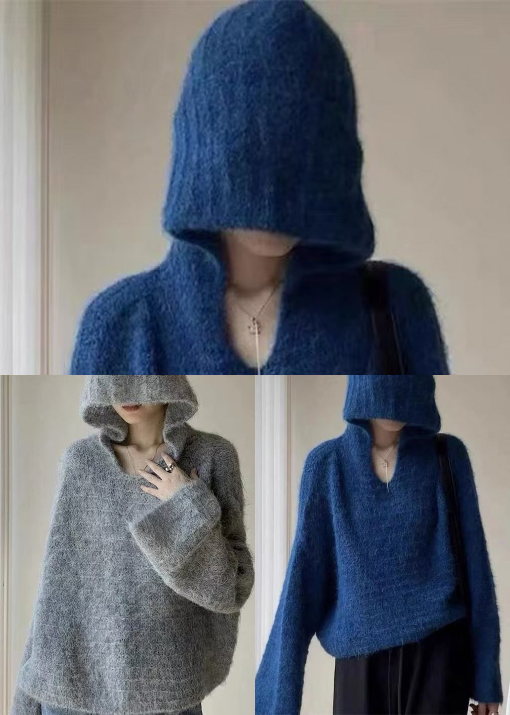 Stylish Blue Hooded Oversized Knit Pullover Winter