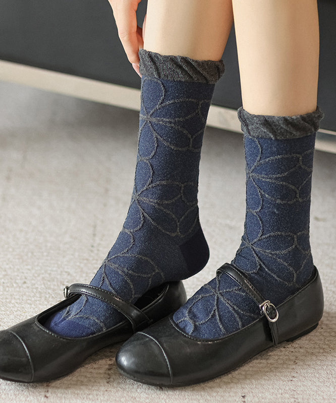 Stylish Blue Jacquard Cotton Mid Calf Socks