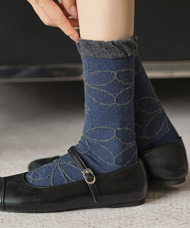 Stylish Blue Jacquard Cotton Mid Calf Socks