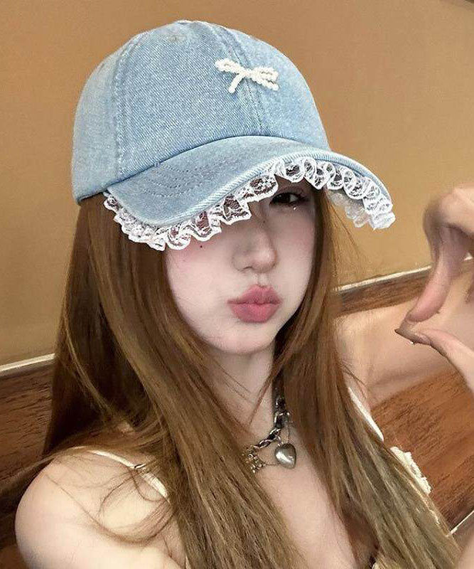 Stylish Blue Lace Patchwork Pearl Bow Baseball Cap Hat