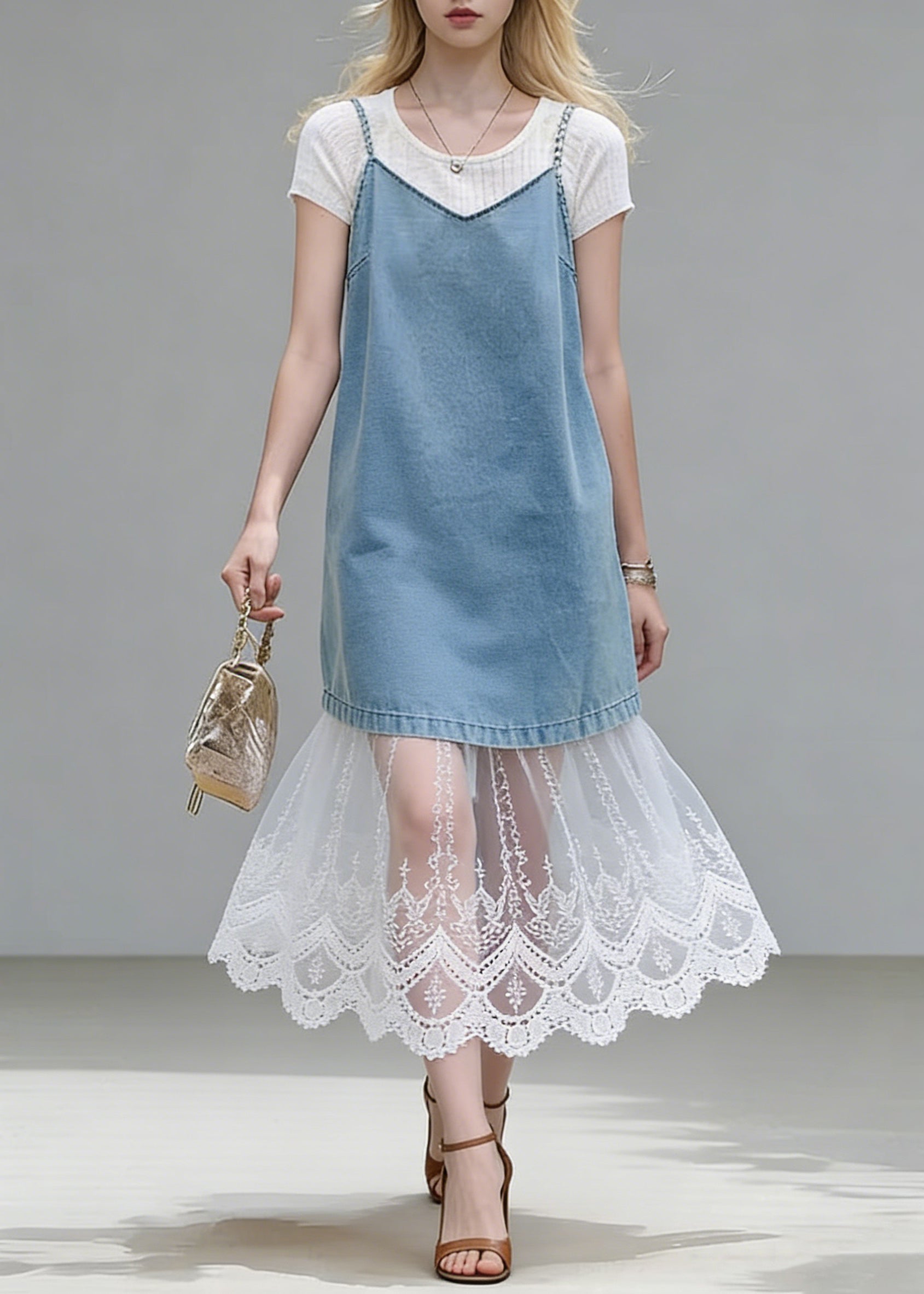 Stylish Blue Lace Patchwork Tops And Spaghetti Strap Dress Two Piece Set Summer - Omychic