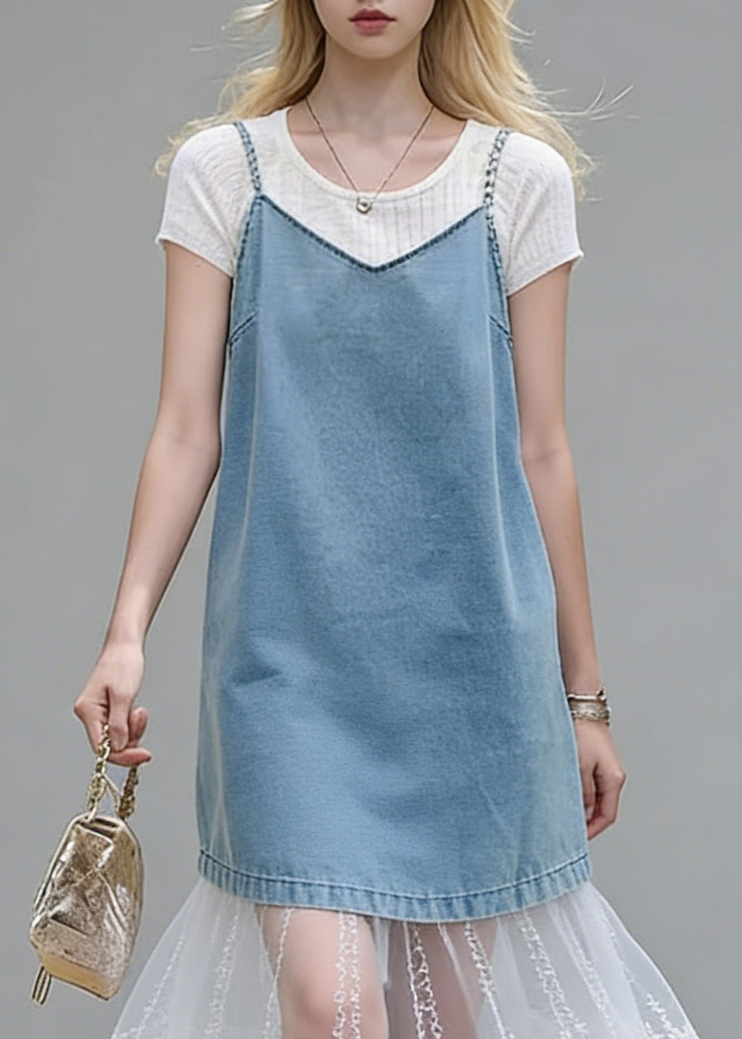 Stylish Blue Lace Patchwork Tops And Spaghetti Strap Dress Two Piece Set Summer - Omychic