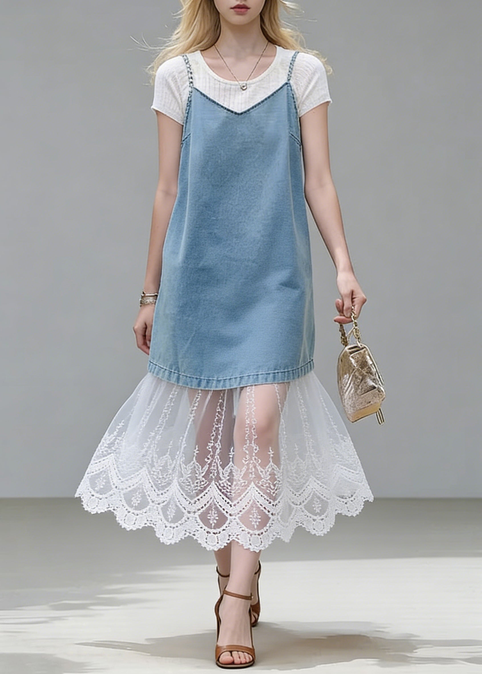 Stylish Blue Lace Patchwork Tops And Spaghetti Strap Dress Two Piece Set Summer - Omychic