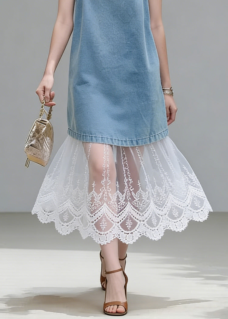 Stylish Blue Lace Patchwork Tops And Spaghetti Strap Dress Two Piece Set Summer - Omychic