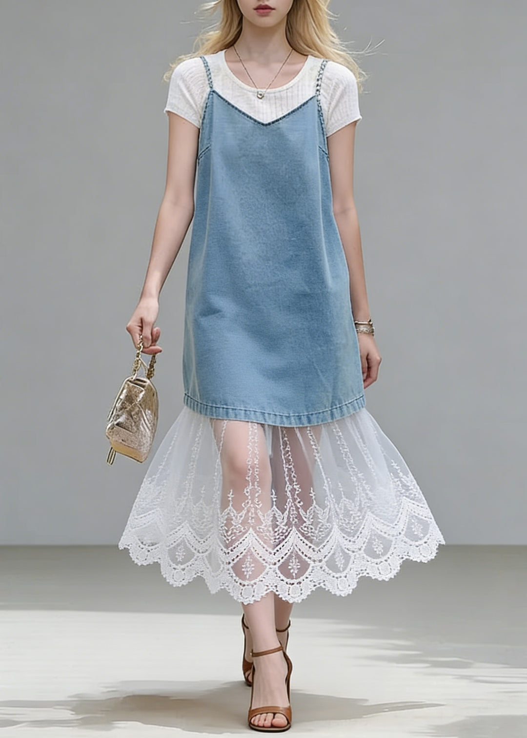 Stylish Blue Lace Patchwork Tops And Spaghetti Strap Dress Two Piece Set Summer - Omychic