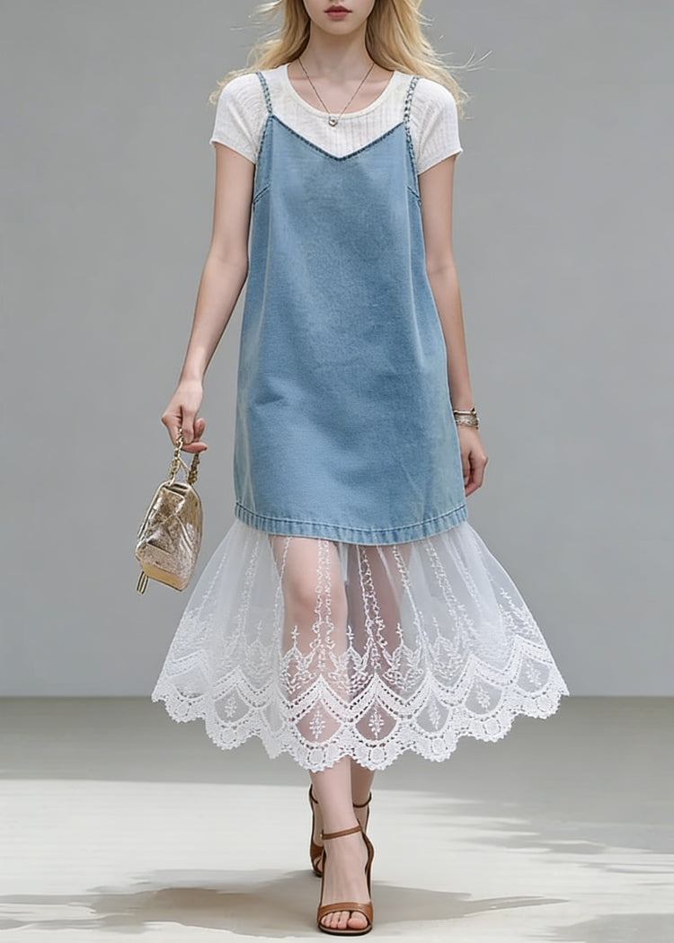 Stylish Blue Lace Patchwork Tops And Spaghetti Strap Dress Two Piece Set Summer - Omychic