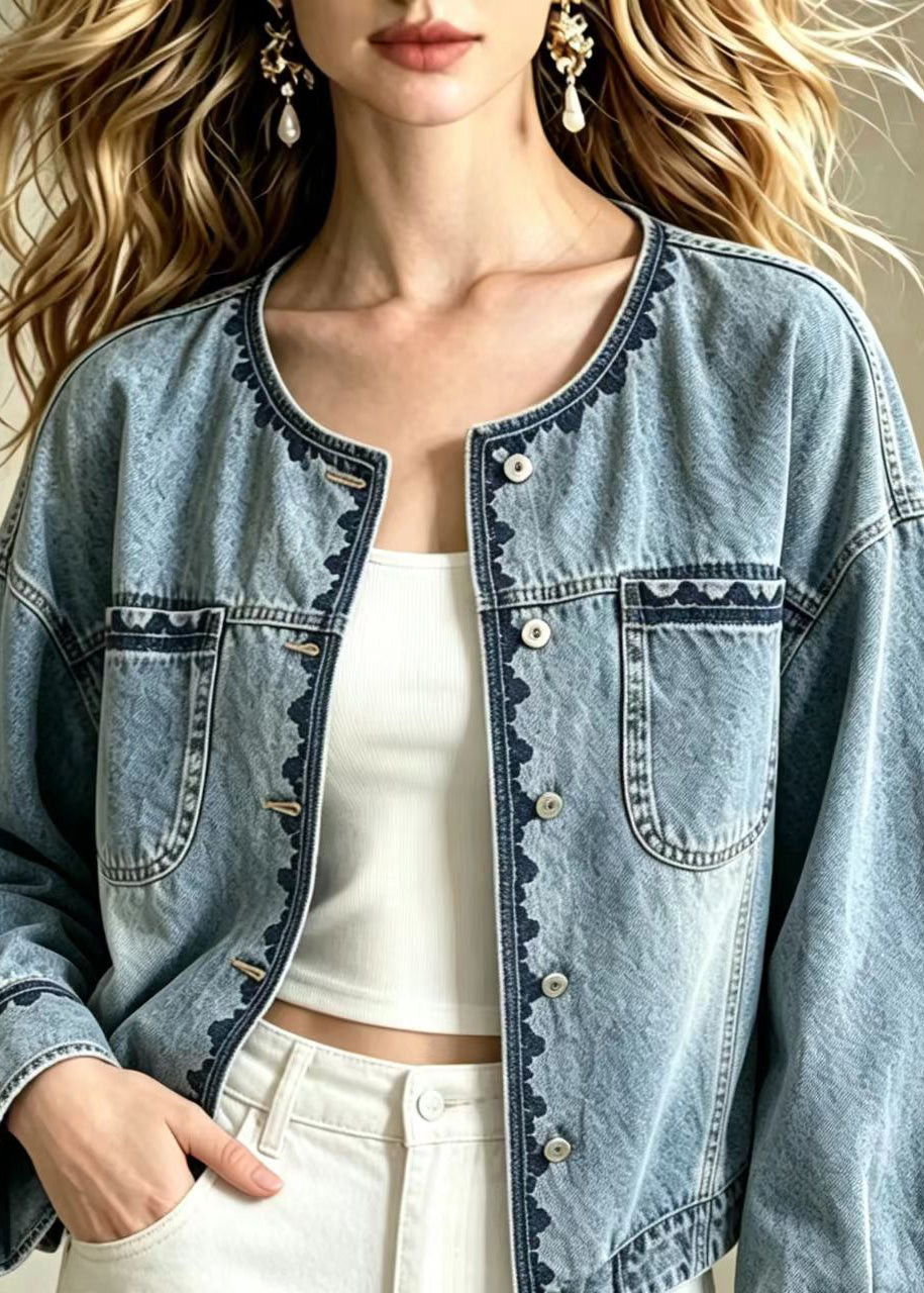 Stylish Blue O-Neck Embroidered Pockets Denim Jackets Fall
