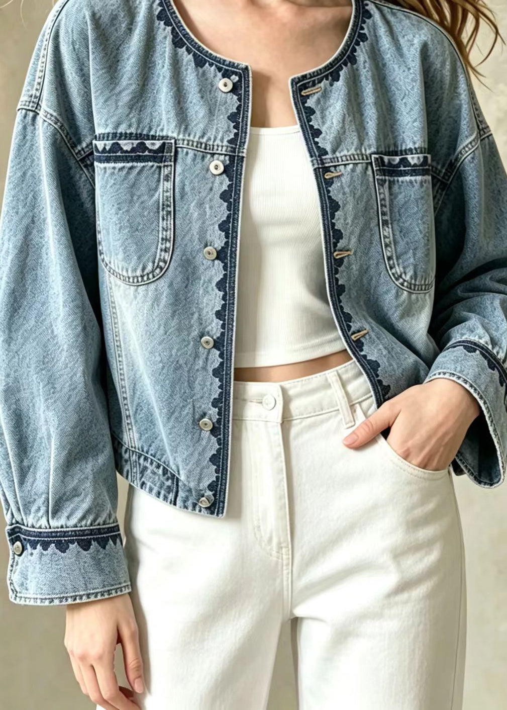 Stylish Blue O-Neck Embroidered Pockets Denim Jackets Fall