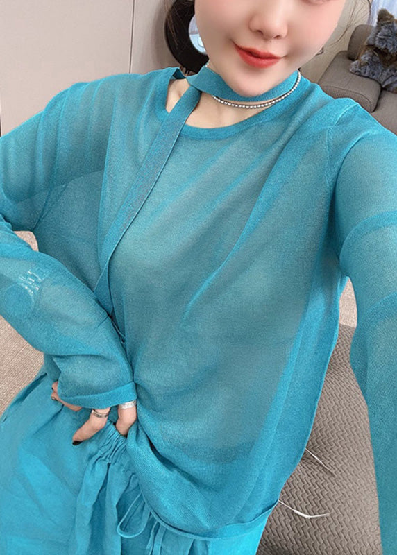 Stylish Blue O-Neck Knit Toop And Wide Leg Pants Two Piece Set Fall