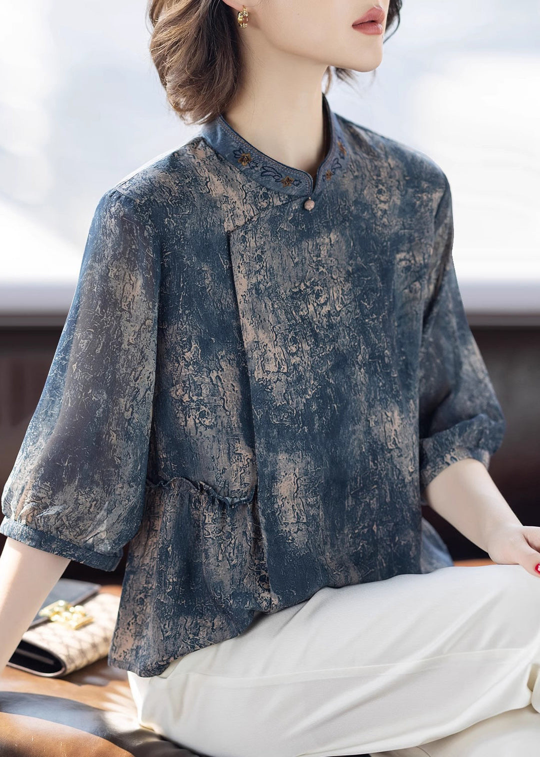 Stylish Blue O-Neck Print Chiffon Shirts Three Quarter Sleeve