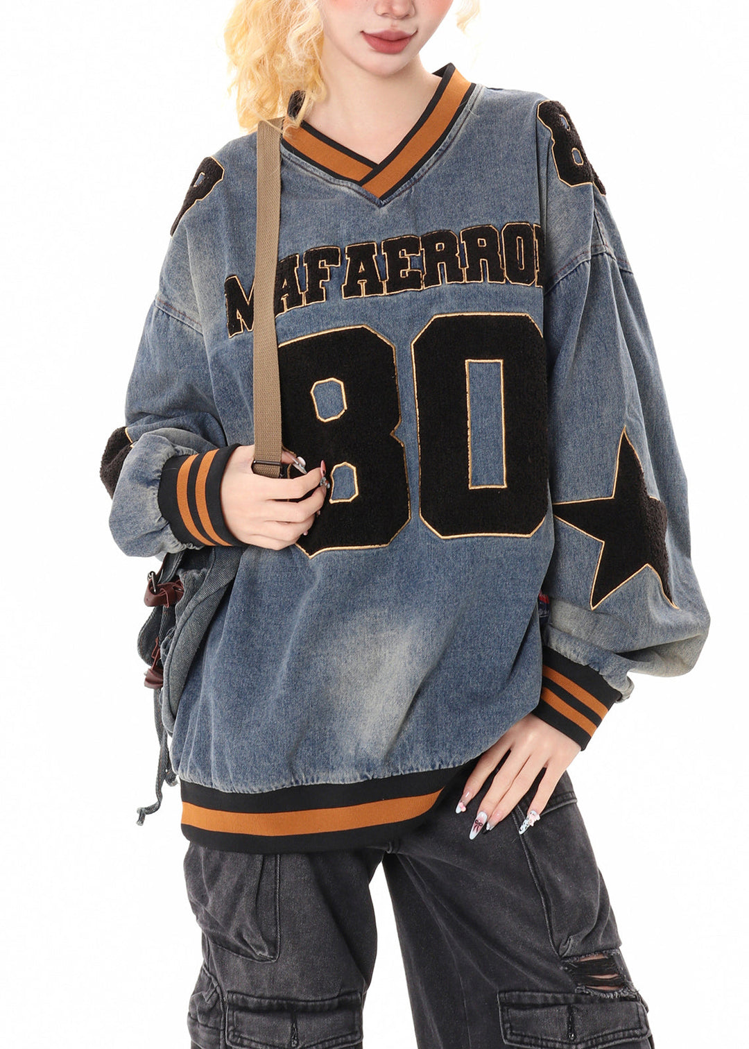 Stylish Blue Oversized Letter Applique Denim Sweatshirts Top Spring