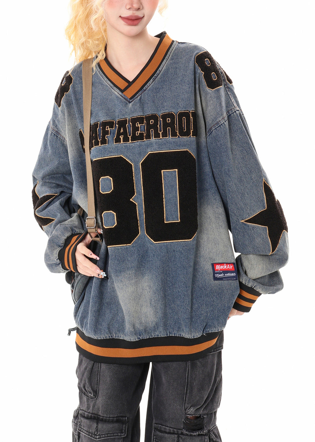 Stylish Blue Oversized Letter Applique Denim Sweatshirts Top Spring