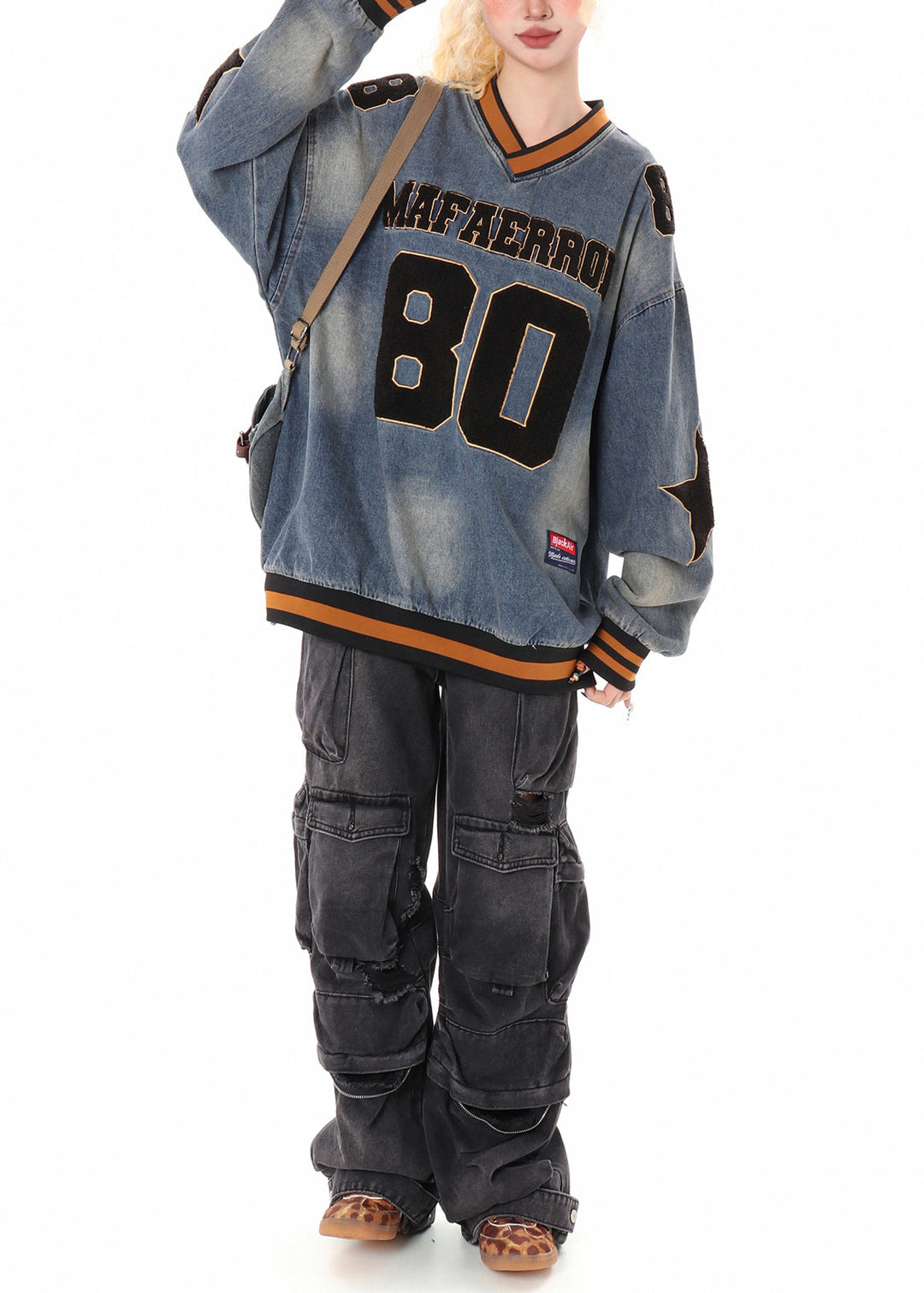 Stylish Blue Oversized Letter Applique Denim Sweatshirts Top Spring