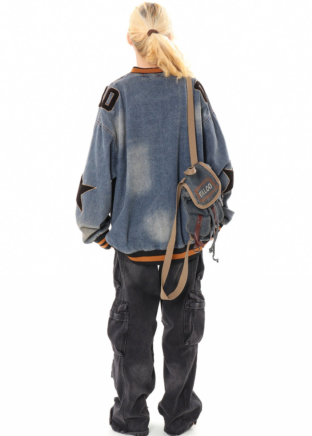 Stylish Blue Oversized Letter Applique Denim Sweatshirts Top Spring