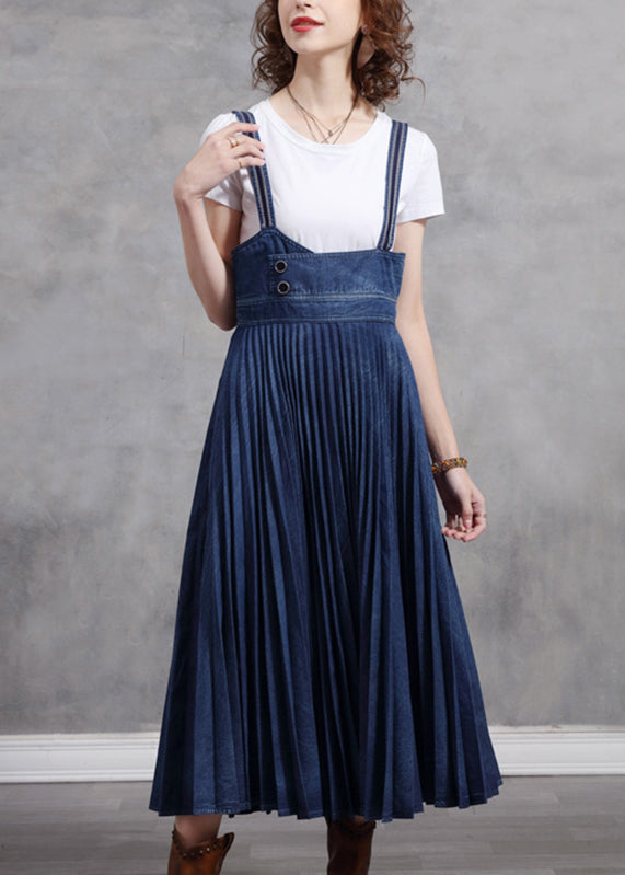 Stylish Blue Patchwork Spaghetti Strap Pleated Denim Dress Summer