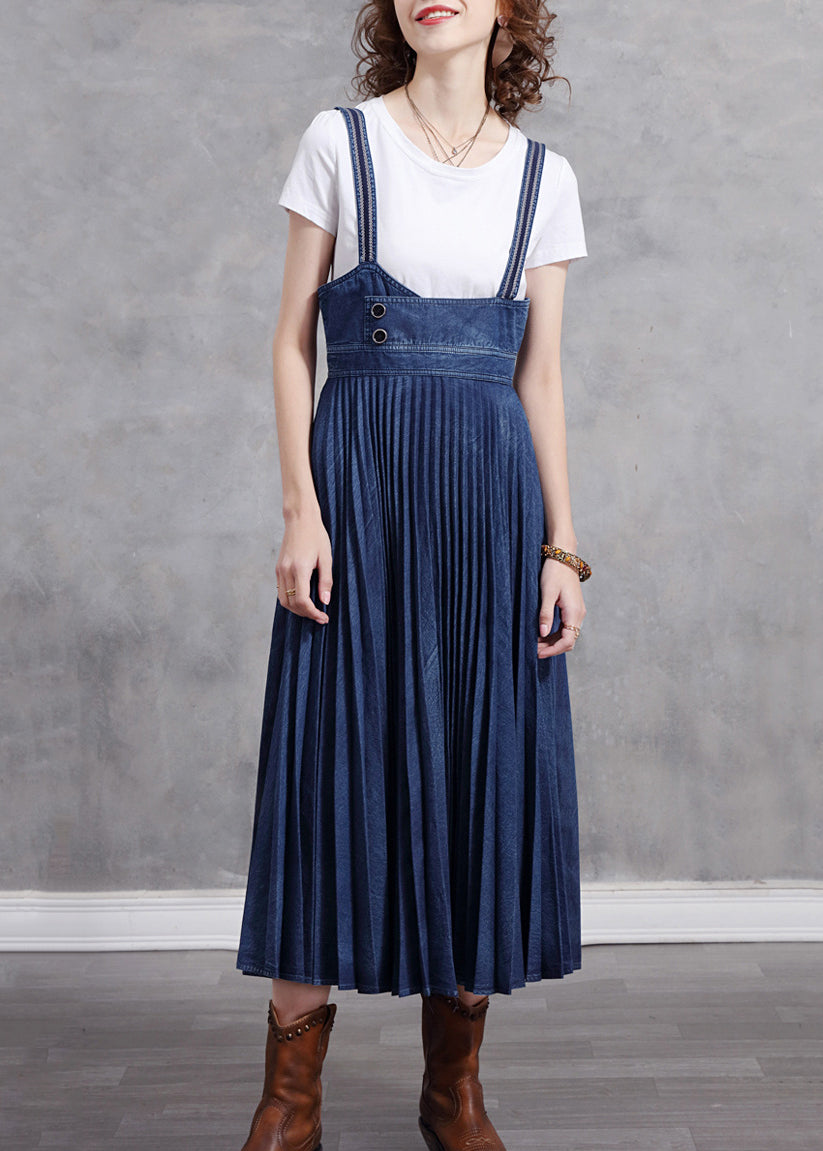 Stylish Blue Patchwork Spaghetti Strap Pleated Denim Dress Summer