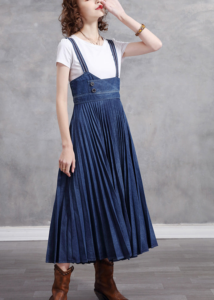 Stylish Blue Patchwork Spaghetti Strap Pleated Denim Dress Summer