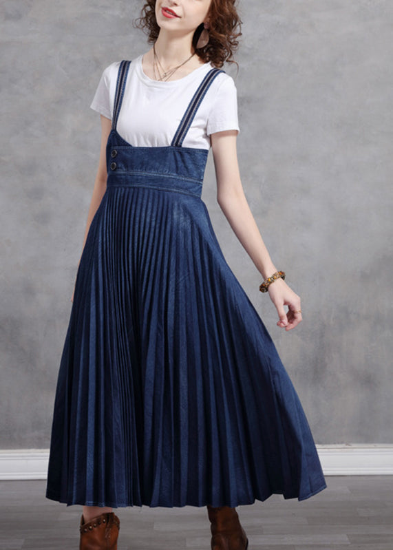 Stylish Blue Patchwork Spaghetti Strap Pleated Denim Dress Summer