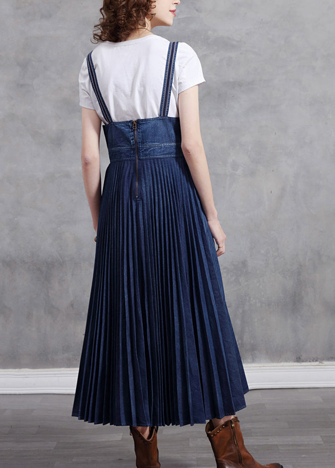 Stylish Blue Patchwork Spaghetti Strap Pleated Denim Dress Summer