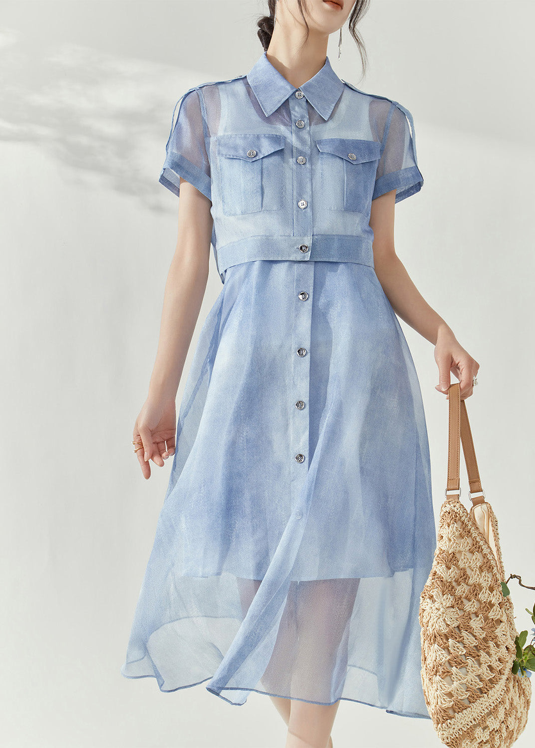 Stylish Blue Peter Pan Collar Button Tulle Shirts And Maxi Skirts Two Piece Set Summer
