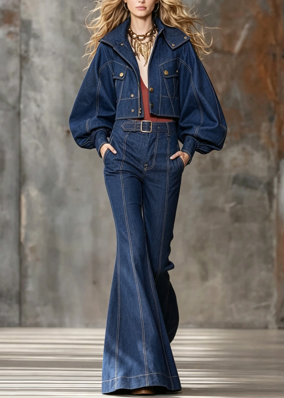 Stylish Blue Peter Pan Collar Denim Two-Piece Set Lantern Sleeve