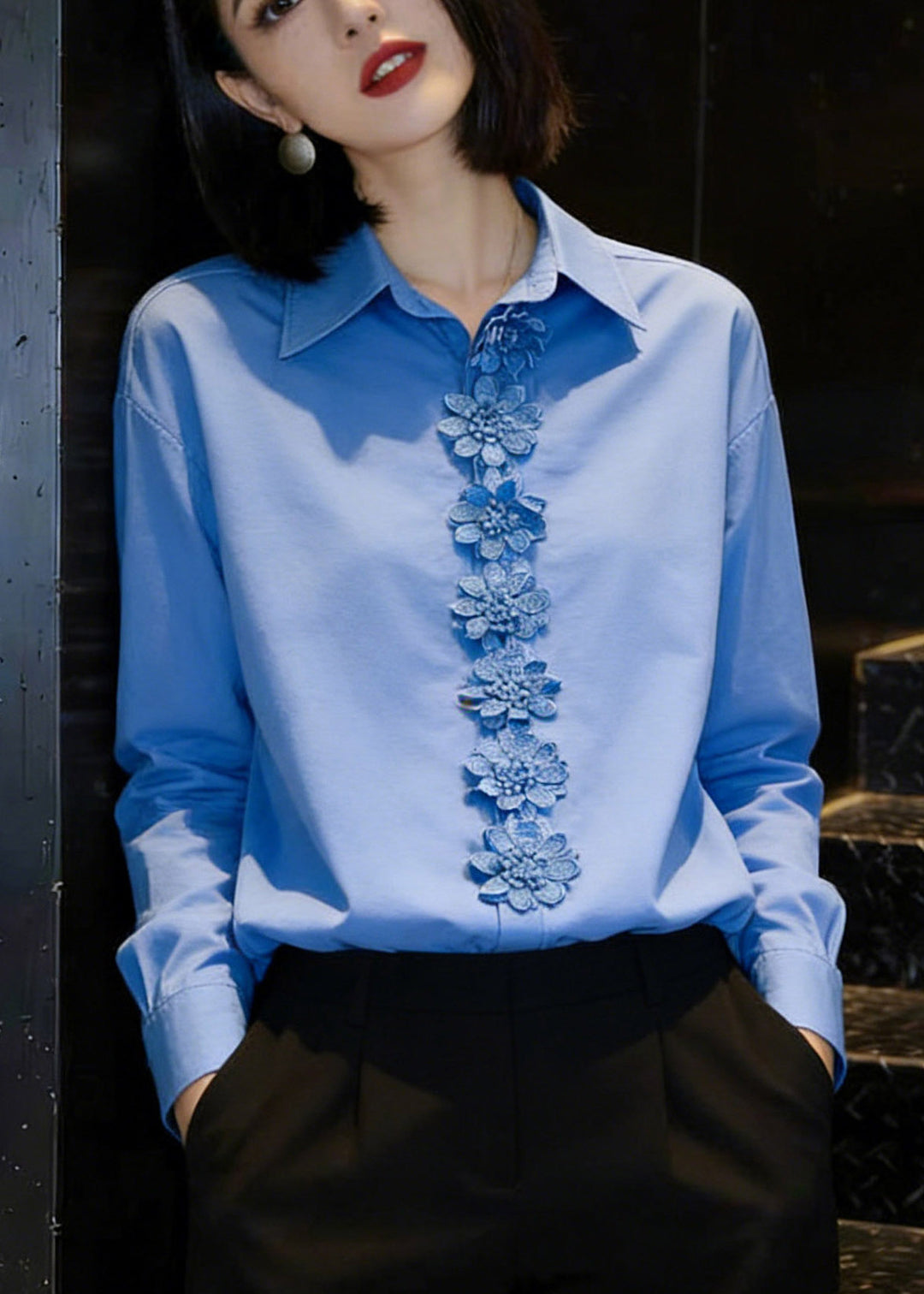 Stylish Blue Peter Pan Collar Floral Shirts Spring