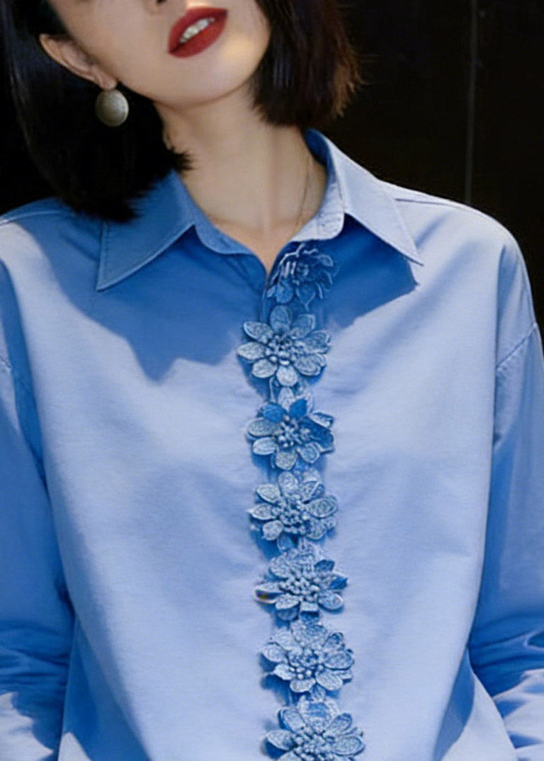Stylish Blue Peter Pan Collar Floral Shirts Spring
