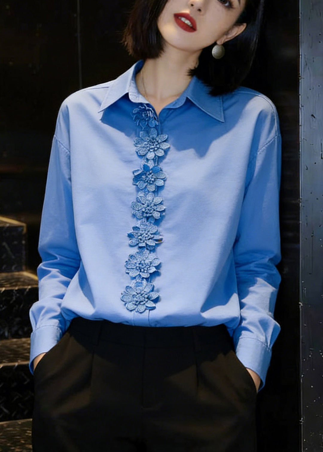 Stylish Blue Peter Pan Collar Floral Shirts Spring