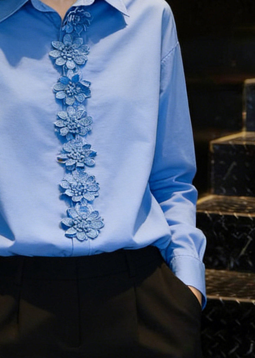 Stylish Blue Peter Pan Collar Floral Shirts Spring